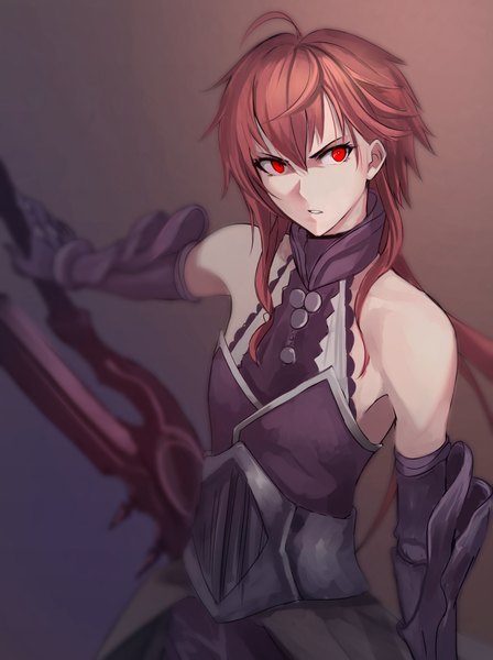 Anime picture 747x1000 with fate (series) fate/grand order rama (fate/grand order) shijiu (adamhutt) single long hair tall image fringe simple background hair between eyes red eyes standing bare shoulders looking away ahoge red hair parted lips gradient background outstretched arm angry
