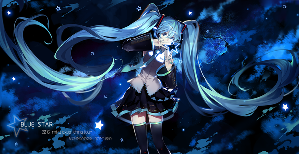 Anime picture 1920x994 with vocaloid hatsune miku saberiii single highres wide image twintails very long hair aqua eyes aqua hair dark background girl thighhighs skirt hair ornament detached sleeves miniskirt necktie star (symbol)