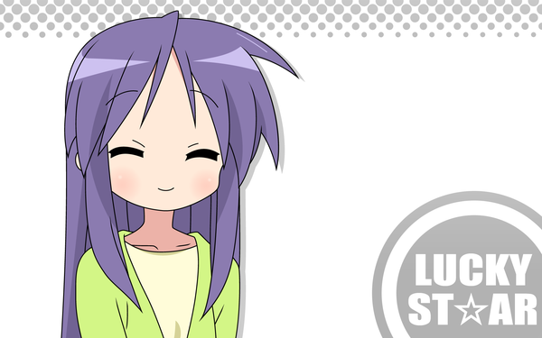 Anime picture 1920x1200 with lucky star kyoto animation hiiragi miki single long hair highres smile wide image white background purple hair eyes closed wallpaper copyright name happy ^ ^ vector girl