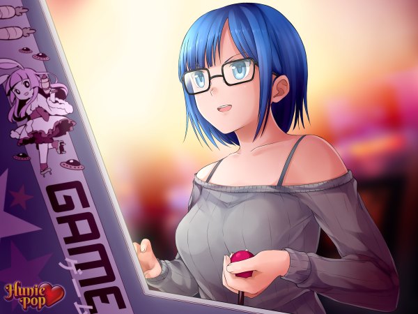 Anime picture 2400x1800 with hunie pop nikki ann-marie ninamo single highres short hair open mouth blue eyes smile bare shoulders blue hair inscription copyright name light girl glasses sweater