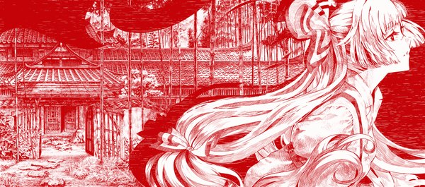 Anime picture 2132x943 with touhou fujiwara no mokou cosmic (crownclowncosmic) single long hair highres red eyes wide image white hair profile girl bow plant (plants) hair bow shirt tree (trees) suspenders house japanese house bamboo