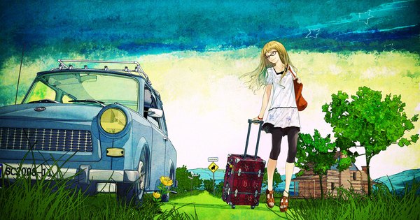 Anime picture 2200x1155 with supercell redjuice single long hair highres blonde hair wide image yellow eyes sky cloud (clouds) light smile wind walking perspective girl flower (flowers) plant (plants) tree (trees) glasses star (symbol)