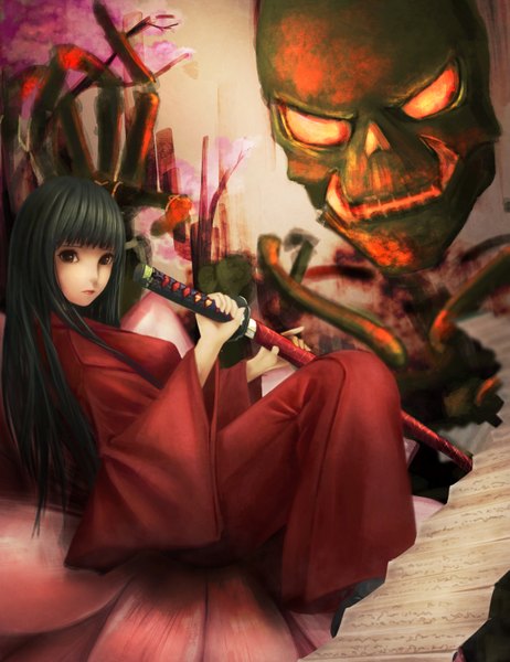 Anime picture 1151x1496 with original yazuo long hair tall image looking at viewer black hair traditional clothes japanese clothes black eyes girl weapon sword kimono katana skull