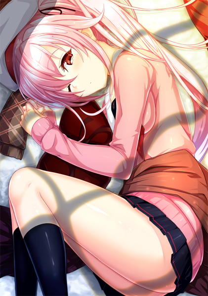 Anime picture 624x889 with kantai collection harusame destroyer amaya kyou single long hair tall image looking at viewer light erotic red eyes pink hair ass one eye closed girl skirt miniskirt socks black socks