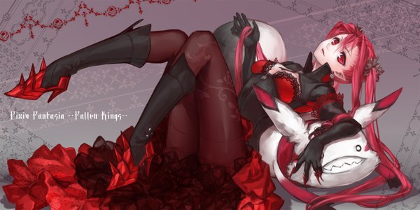 Anime picture 1500x750 with original pixiv fantasia pixiv fantasia fallen kings daikichi maru single long hair looking at viewer wide image twintails pink hair pink eyes legs girl dress gloves pantyhose elbow gloves boots claws