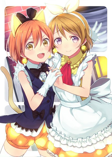 Anime picture 715x1000 with love live! school idol project sunrise (studio) love live! hoshizora rin koizumi hanayo haruken tall image looking at viewer short hair open mouth smile brown hair purple eyes bare shoulders multiple girls brown eyes animal ears red hair tail animal tail