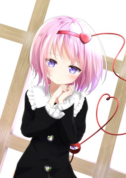 Anime picture 1358x1920 with touhou komeiji satori yuuforia single tall image blush fringe short hair purple eyes looking away pink hair upper body dutch angle alternate costume hands clasped heart of string girl dress frills heart