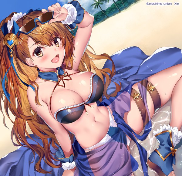 Anime picture 1000x967 with granblue fantasy beatrix (granblue fantasy) obiwan single long hair looking at viewer fringe breasts open mouth light erotic smile hair between eyes brown hair large breasts sitting brown eyes signed sky ponytail shiny skin