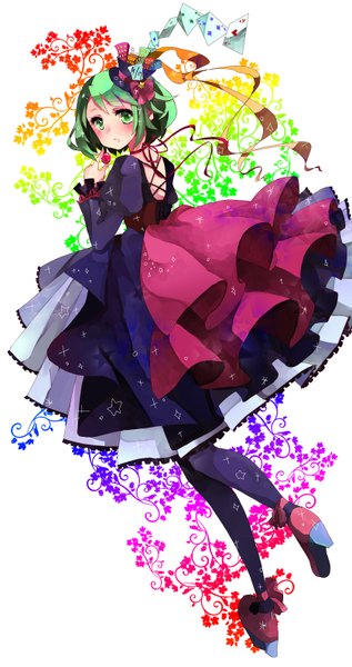 Anime picture 1679x3175 with vocaloid gumi single tall image looking at viewer blush short hair hair flower green hair alternate costume girl dress hair ornament bow ribbon (ribbons) card (cards) top hat