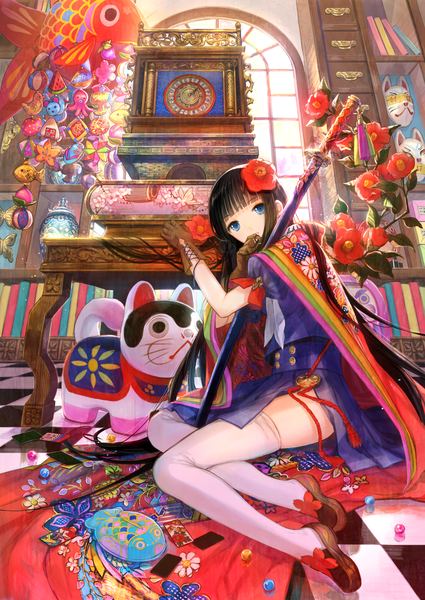 Anime picture 4203x5939 with original fuzichoco single long hair tall image looking at viewer highres blue eyes black hair absurdres hair flower scan girl thighhighs gloves flower (flowers) weapon white thighhighs sword katana