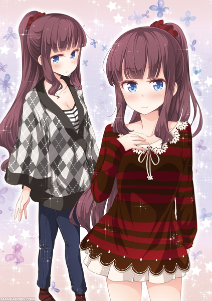 Anime picture 1128x1600 with new game! doga kobo takimoto hifumi tokunou shoutarou long hair tall image looking at viewer blush blue eyes brown hair multiple girls payot cleavage ponytail pleated skirt sparkle no shoes hand on chest striped multiview