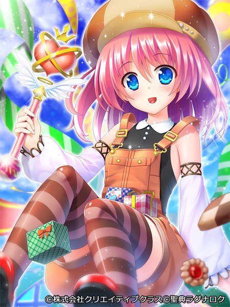 Anime picture 600x800 with seiten ragnarok pochadon single tall image looking at viewer blush short hair open mouth blue eyes pink hair girl thighhighs striped thighhighs gift cookie (cookies) overalls