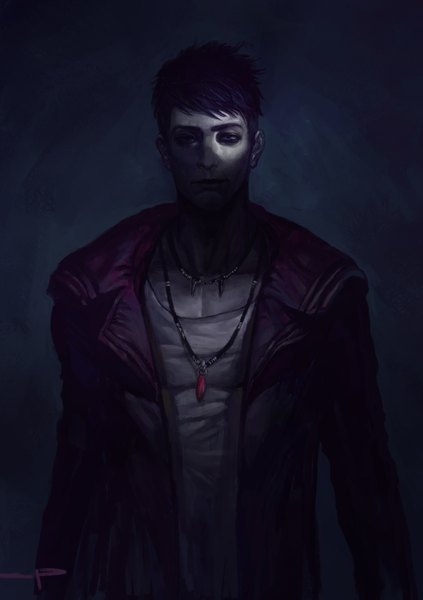 Anime picture 2288x3248 with devil may cry dante (devil may cry) diaodiao single tall image looking at viewer highres short hair blue eyes black hair signed dark background boy choker pendant cloak