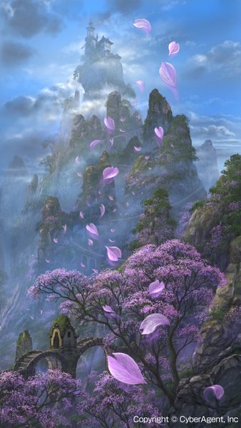 Anime picture 640x1136 with original ucchiey tall image sky cloud (clouds) inscription official art cherry blossoms plant (plants) petals tree (trees) castle bridge