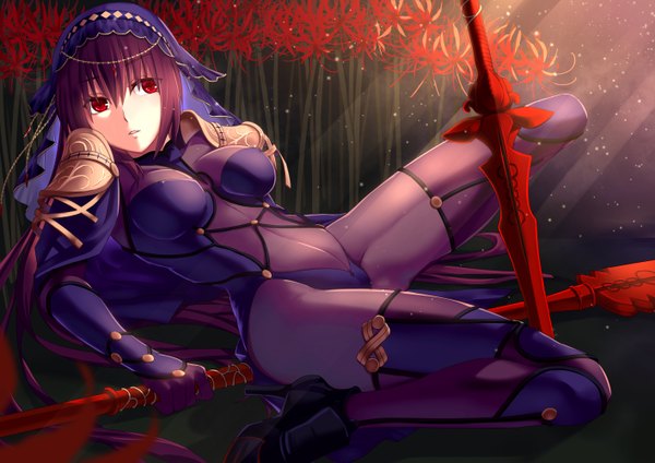 Anime picture 1414x1000 with fate (series) fate/grand order type-moon scathach (fate) (all) scathach (fate) jh single long hair looking at viewer breasts light erotic red eyes purple hair girl flower (flowers) weapon bodysuit higanbana