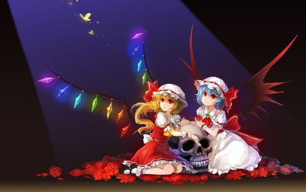 Anime picture 2035x1280 with touhou flandre scarlet remilia scarlet huazha01 highres short hair blonde hair simple background smile red eyes sitting multiple girls blue hair ponytail side ponytail girl dress flower (flowers) 2 girls petals