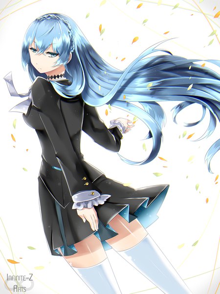 Anime picture 1000x1333 with kiznaiver studio trigger sonozaki noriko infinite-z single long hair tall image fringe blue eyes hair between eyes white background signed blue hair looking away looking back wind zettai ryouiki girl thighhighs skirt