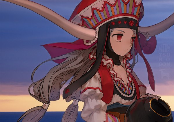 Anime picture 1200x843 with original wada arco single long hair red eyes looking away sky traditional clothes horn (horns) grey hair girl hair ornament hat