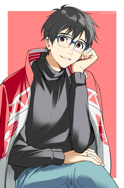 Anime picture 893x1354 with yuri!!! on ice mappa katsuki yuuri natsuko (bluecandy) single tall image looking at viewer blush short hair black hair simple background smile sitting brown eyes pink background clothes on shoulders hand on knee boy glasses ring