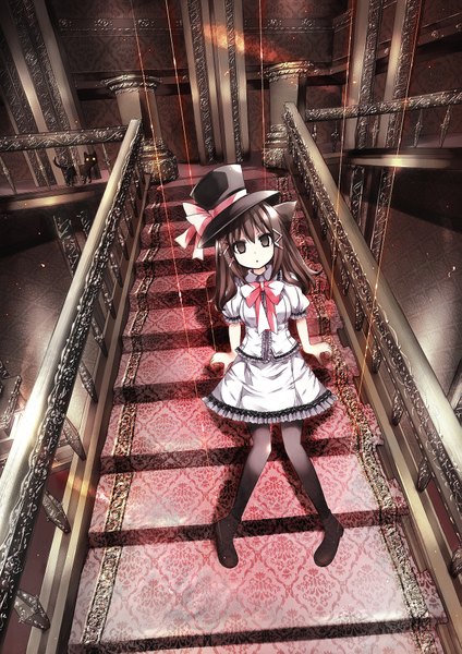 Anime picture 1423x2013 with original catbell long hair tall image looking at viewer black hair animal ears black eyes cat ears cat girl girl dress bow hat animal frills cat stairs