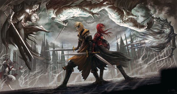 Anime picture 1400x750 with original pixiv fantasia pixiv fantasia fallen kings shinjiro nobayashi long hair fringe breasts blonde hair wide image standing holding red hair pointy ears fighting stance serious dual wielding angry back to back crazy clown
