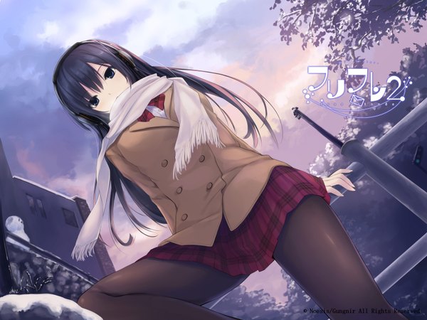 Anime picture 1600x1200 with free friends noesis (studio) shinozaki sumire coffee-kizoku single long hair looking at viewer blush black hair sky cloud (clouds) black eyes from below winter snow girl skirt uniform bow plant (plants)