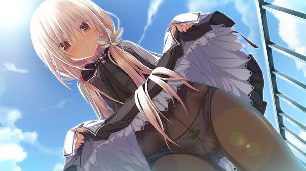 Anime picture 1280x720 with chrono clock kuro (chrono clock) koku single long hair looking at viewer blush fringe breasts light erotic blonde hair wide image standing twintails brown eyes game cg sky cloud (clouds) long sleeves hair flower