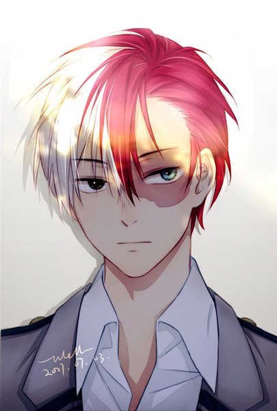 Anime picture 827x1224 with boku no hero academia studio bones todoroki shouto welllllll single tall image fringe short hair hair between eyes signed white hair red hair multicolored hair two-tone hair heterochromia dated portrait scar open collar boy