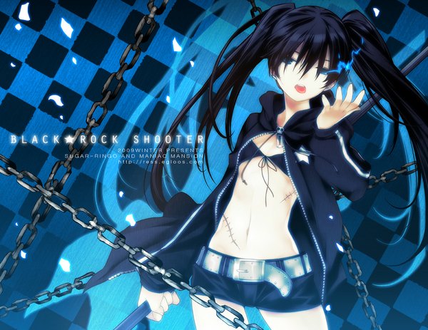 Anime picture 1178x910 with black rock shooter black rock shooter (character) ress single long hair fringe black hair hair between eyes twintails copyright name glowing scar glowing eye (eyes) checkered background girl shorts chain cloak bikini top