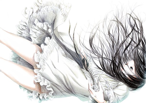 Anime picture 1280x903 with original sousou (sousouworks) single long hair open mouth black hair simple background smile white background green eyes tears monochrome crying falling girl dress frills white dress teardrop