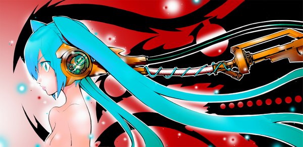 Anime picture 1619x788 with vocaloid hatsune miku gunsonicrevolver single long hair wide image twintails profile aqua eyes aqua hair topless girl wire (wires)