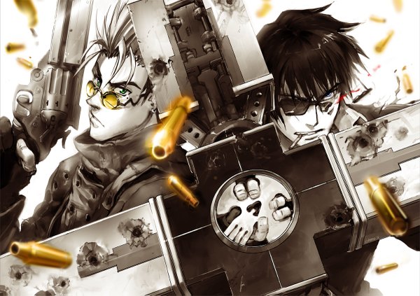 Anime picture 1200x847 with trigun vash the stampede nicholas d. wolfwood lychi short hair blue eyes black hair blonde hair green eyes white hair mouth hold boy gloves weapon glasses fingerless gloves gun blood pistol shell casing