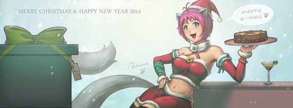 Anime picture 1770x657 with r-chie (artist) single blush short hair open mouth smile wide image green eyes animal ears pink hair tail animal tail cat ears bare belly cat girl cat tail hand on hip christmas merry christmas girl