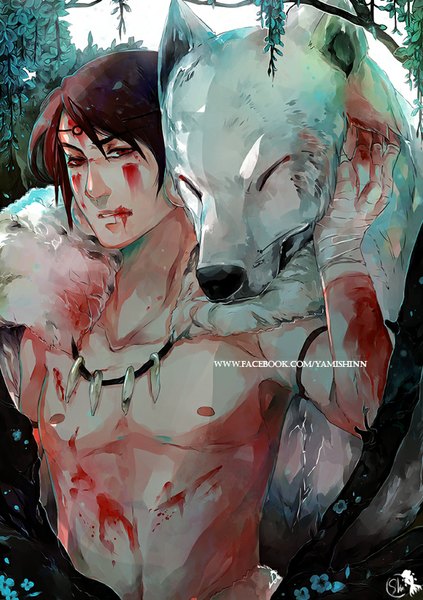 Anime picture 580x821 with mononoke hime studio ghibli san yamyami-shin tall image looking at viewer short hair red eyes brown hair signed genderswap boy plant (plants) animal tree (trees) fur blood bandage (bandages) necklace branch