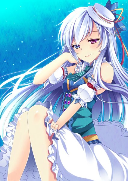 Anime picture 708x1000 with original agekichi (heart shape) single long hair tall image blush smile bare shoulders silver hair heterochromia girl dress hat