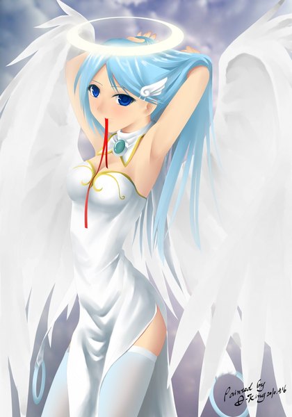Anime picture 1400x2000 with okingjo single long hair tall image looking at viewer blue eyes light erotic blue hair mouth hold arms behind head angel wings angel girl thighhighs dress white thighhighs wings white dress halo