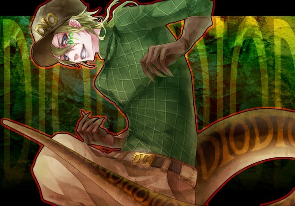 Anime picture 1125x787 with jojo no kimyou na bouken diego brando scary monster (stand) sasama keiji long hair blue eyes green hair inscription teeth fang (fangs) boy gloves belt flat cap