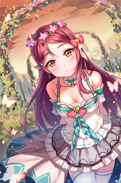 Anime picture 528x800 with love live! sunshine!! sunrise (studio) love live! sakurauchi riko miazi single long hair tall image looking at viewer blush smile yellow eyes red hair girl thighhighs dress flower (flowers) bow plant (plants) hair bow