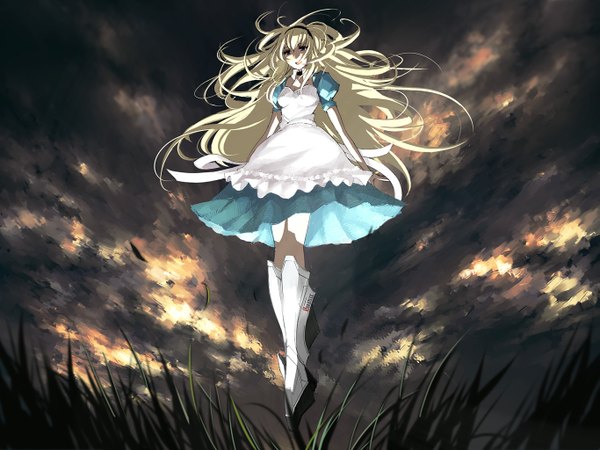 Anime picture 1365x1024 with original pixiv g&regen (pixiv) single long hair highres open mouth blonde hair sky cloud (clouds) flying girl dress ribbon (ribbons) plant (plants) hair ribbon apron grass clothes