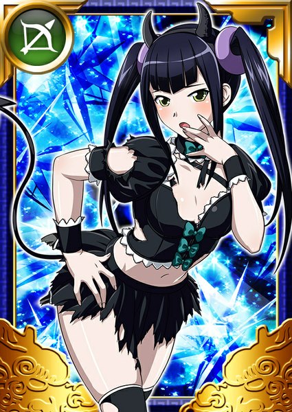 Anime picture 567x800 with ikkitousen saji genpou (true) single long hair tall image looking at viewer blush open mouth light erotic black hair twintails yellow eyes horn (horns) torn clothes card (medium) girl skirt miniskirt