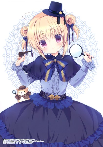 Anime picture 2682x3800 with miyasaka miyu single tall image blush highres short hair open mouth blonde hair red eyes scan loli girl dress bow hair bow hat mini hat mini top hat magnifying glass