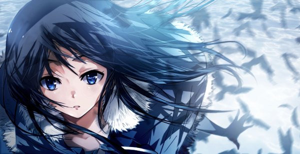 Anime picture 1280x660 with idolmaster kisaragi chihaya yumehito long hair looking at viewer open mouth blue eyes wide image standing purple hair wind open clothes open jacket spread arms flying girl gloves animal wings elbow gloves