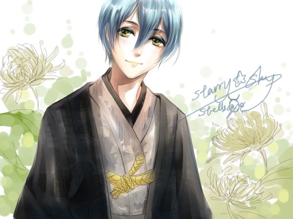 Anime picture 1200x900 with starry sky homare kanakubo stells single short hair smile signed yellow eyes blue hair japanese clothes boy flower (flowers)