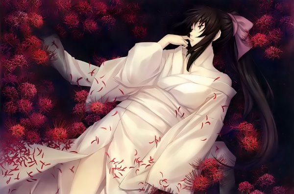 Anime picture 4000x2643 with cartagra kouzuki kazuna sugina miki single long hair highres black hair payot looking away absurdres ponytail lying traditional clothes japanese clothes black eyes scan official art on back finger to mouth dark background