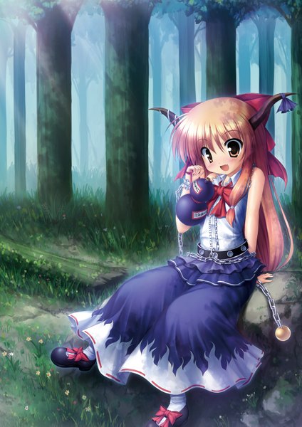 Anime picture 1158x1637 with touhou ibuki suika takeponi single long hair tall image blush open mouth brown hair sitting yellow eyes horn (horns) girl dress bow plant (plants) hair bow tree (trees) chain