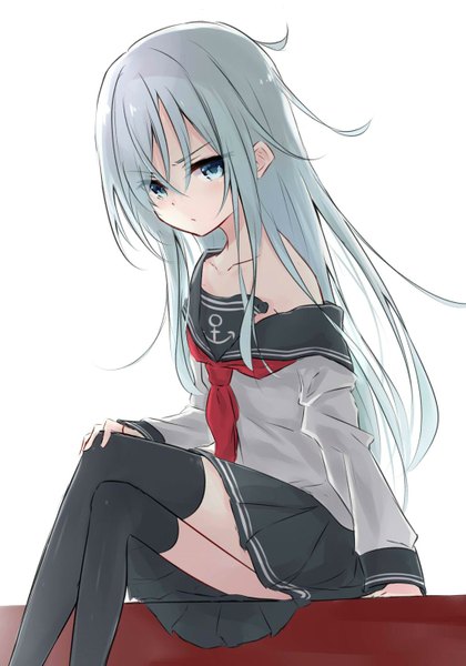 Anime picture 1024x1463 with kantai collection hibiki destroyer azuuru single long hair tall image looking at viewer blush fringe blue eyes light erotic simple background white background sitting bare shoulders silver hair long sleeves pleated skirt angry hand on knee