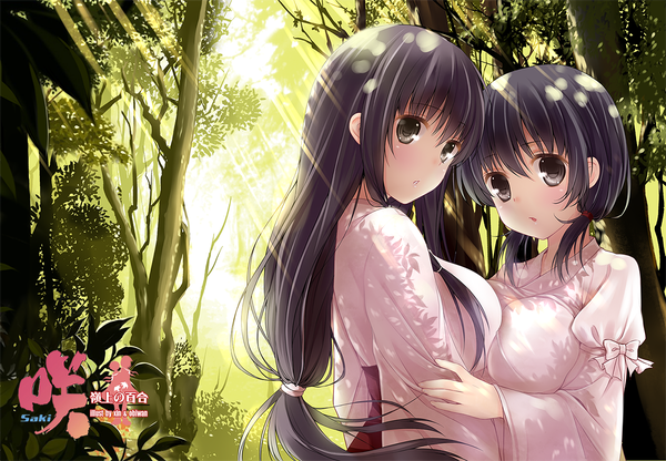 Anime picture 1200x832 with saki iwato kasumi jindai komaki obiwan long hair blush short hair breasts black hair large breasts multiple girls ponytail traditional clothes japanese clothes sunlight :o grey eyes girl 2 girls plant (plants)