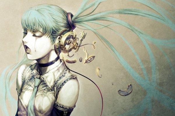 Anime picture 1600x1066 with vocaloid hatsune miku nagimiso single long hair open mouth simple background twintails eyes closed aqua hair tears mechanical parts girl detached sleeves necktie