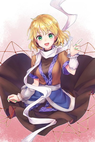 Anime picture 600x900 with touhou mizuhashi parsee akidzuki haruhi single tall image looking at viewer short hair open mouth blonde hair green eyes upper body nail polish :d gradient background half updo green nail polish girl skirt scarf