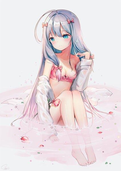 Anime picture 800x1132 with eromanga sensei a-1 pictures izumi sagiri snow is single tall image blush fringe breasts blue eyes light erotic simple background hair between eyes white background sitting bare shoulders signed looking away silver hair full body